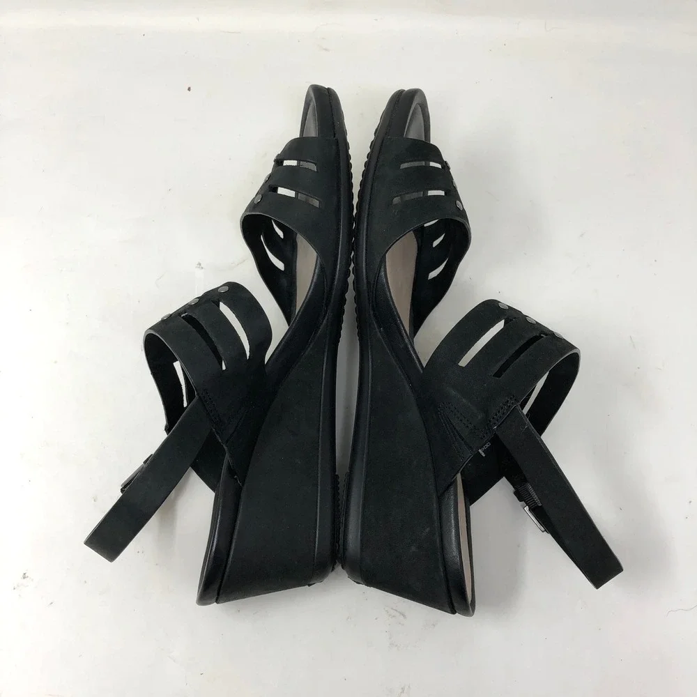 ECCO Womens Sandals 40 Wedge‎ Touch 45 Black Leather Studded Open Toe Heel